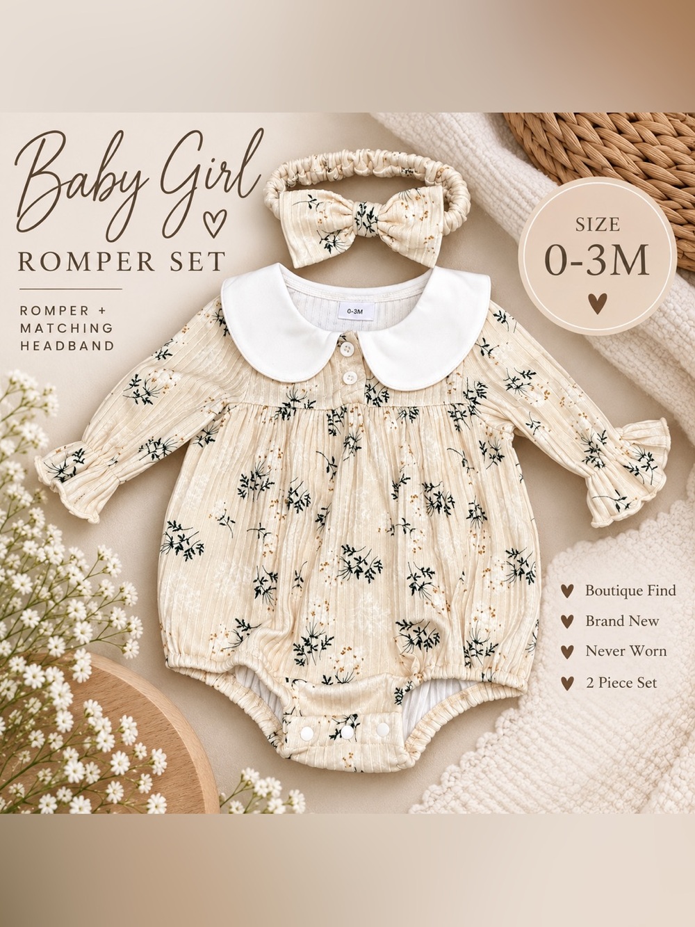 Boutique Baby Girl Floral Bubble Romper & Bow Headband Set 0-3M NWOT